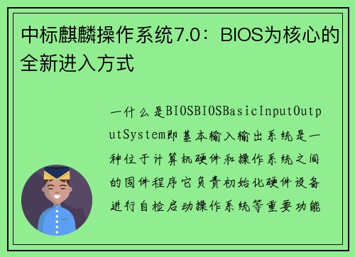 中标麒麟操作系统7.0：BIOS为核心的全新进入方式